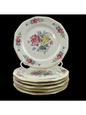 Vintage Crown Imperial 6 Dessert Plates Czechoslovakia Floral Cream Gold Trim